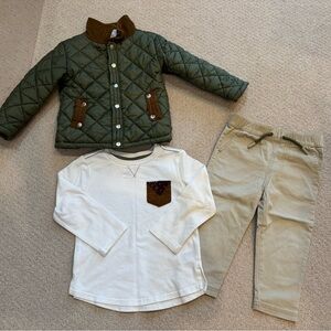 Tommy Bahama Puffy Olive Green Jacket, White Long Sleeve, and Khaki Pants
